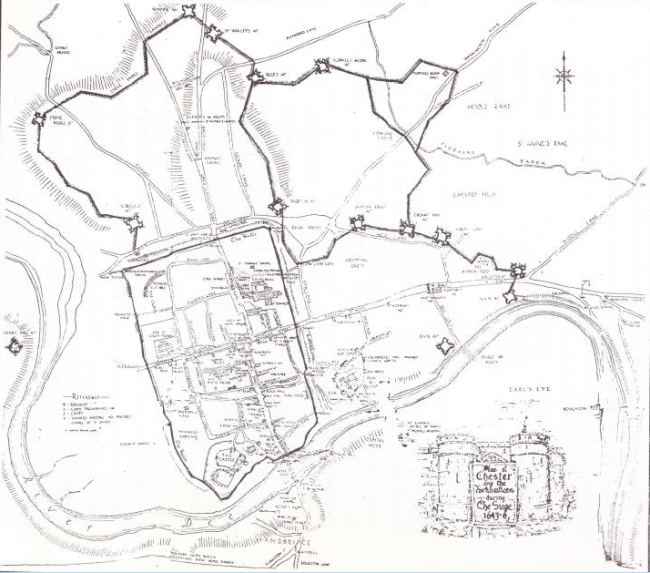 Plan of Chester showing the fortifications to the north and east of the city during the civil war. The River Dee offers a natural defence to the south and east of the city.