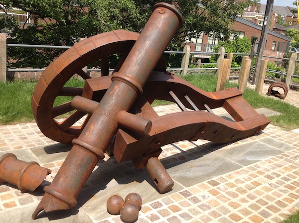 A view of the sculpture of a destroyed Royalist cannon sited below Morgan's Mount in commemoration of the brutal siege of Chester and the story of Captain Morgan.