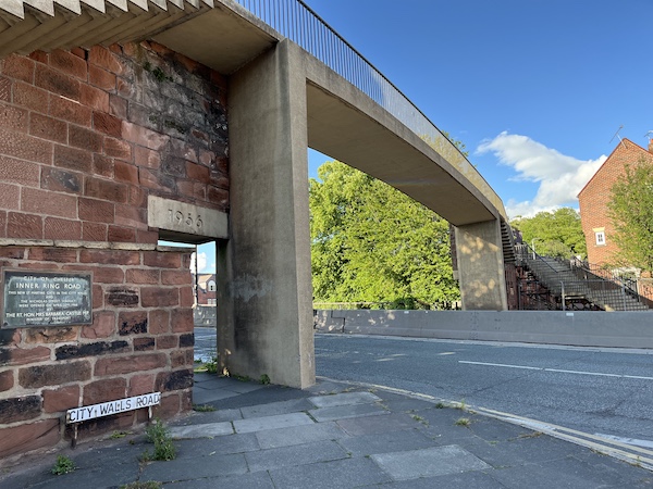 During the construction of this modern footbrige in 1965 the Roman North West Angle Tower was discovered.