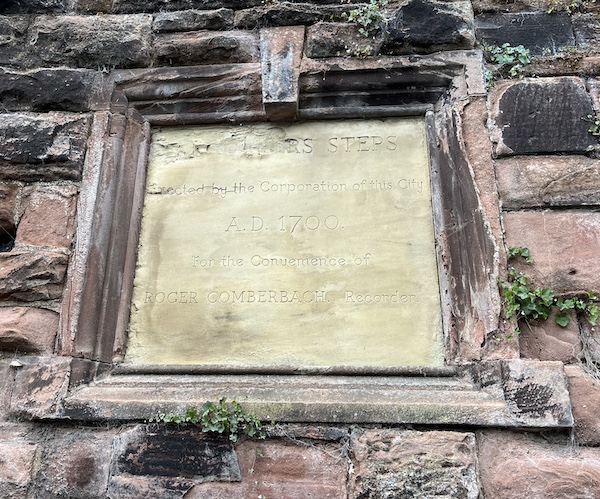 Commemorative tablet denoting installation of the Recorder's Steps in 1700 for the convenience of Roger Comberbach.