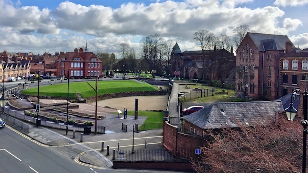 A view of Chester's Roman Amphitheatre from on top of the Newgate.