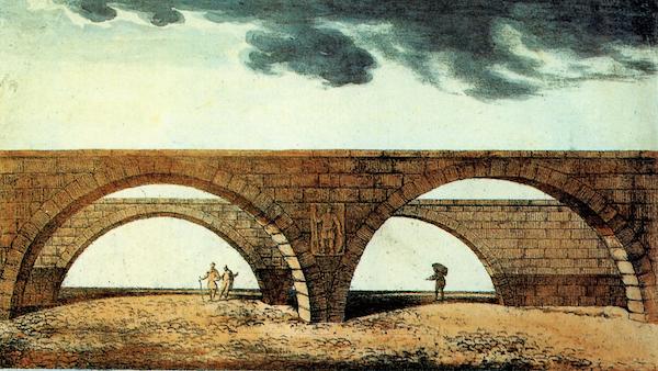 An east view of the Roman Eastgate at Chester, the remains of which were discovered when the medieval Eastgate was demolished in 1766.