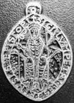 The seal of Peter, first Bishop of Chester. He died in 1085 and is thought to be buried in the Choir.