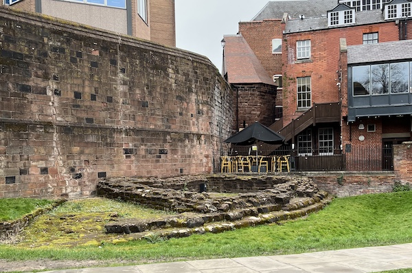 Foundations of the Roman South East Angle Tower, viewed from Pepper Street.