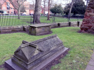 Two of the few remaining tombstones of the northern graveyard which extended beyond the current perimeter fence before the graveyard was leveled in 1876.