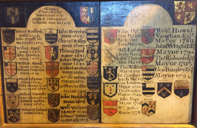 17th century wooden memorial panel listing names of former mayors of Chester.
