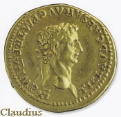The emperor Claudius (AD 41-54) on a gold aureus struck at Rome in AD 46 or 47 to celebrate his invasion of Britain.